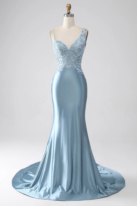 Mermaid Spaghetti Straps Long Beaded Prom Dress With Appliques