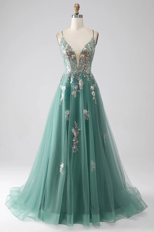 A-Line Spaghetti Straps Long Prom Dress With Sparkly Sequin Appliques