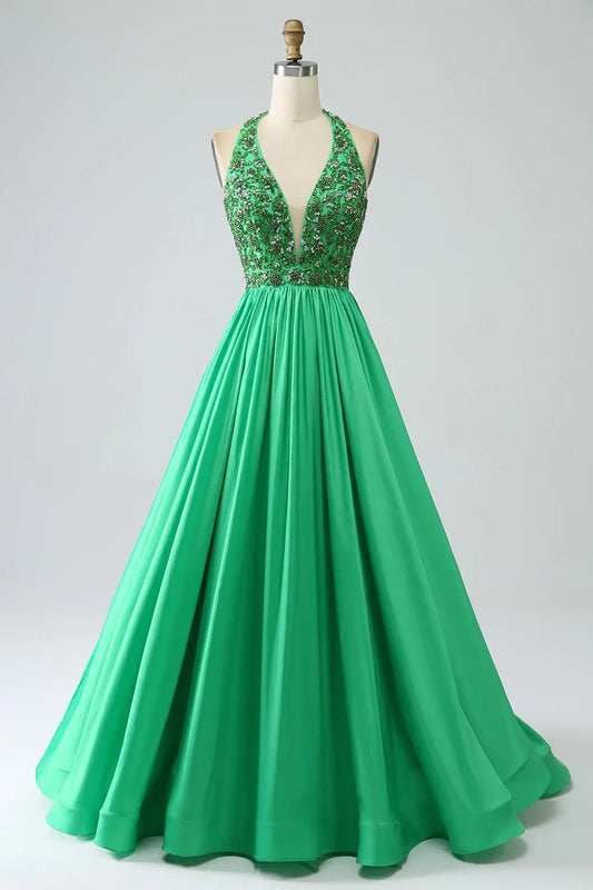 Satin Halter Prom Dress With Beading