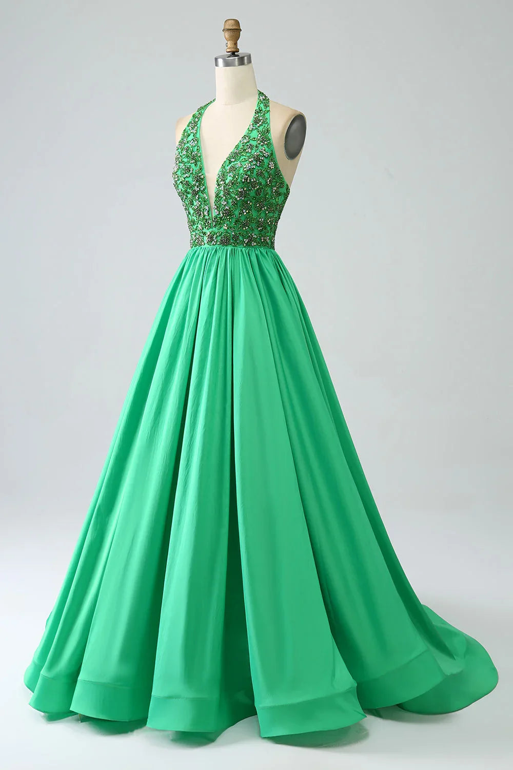 Satin Halter Prom Dress With Beading