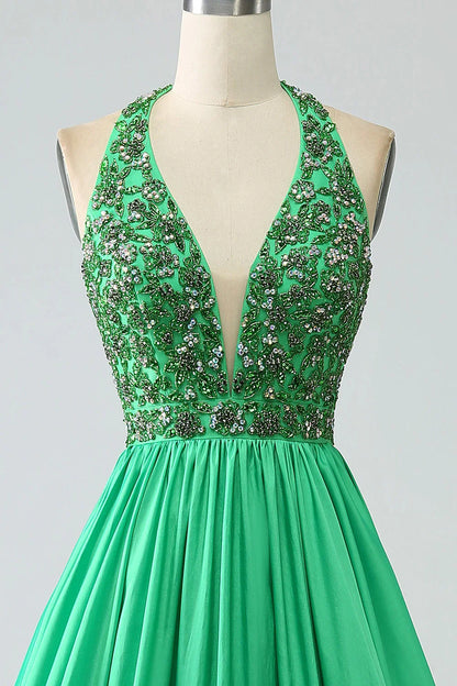 Satin Halter Prom Dress With Beading