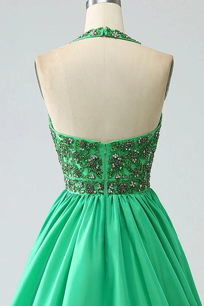 Satin Halter Prom Dress With Beading
