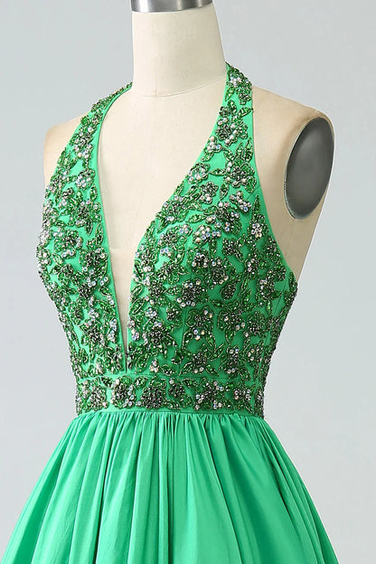 Satin Halter Prom Dress With Beading