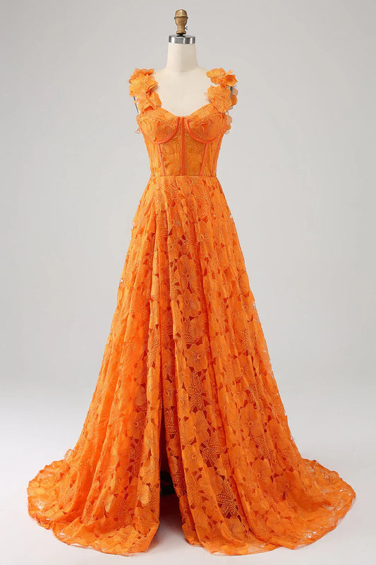 Off Sleeves A-Line Floral Lace Long Prom Dress With Slit