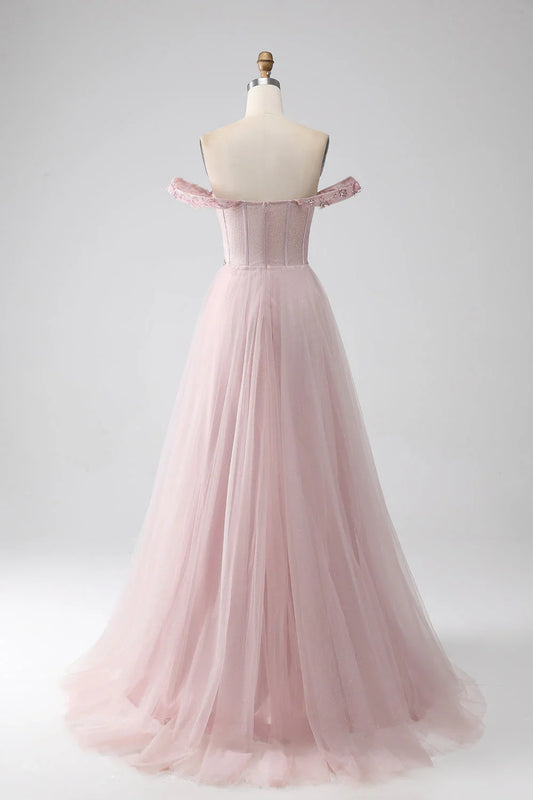 Blush Off The Shoulder A Line Beaded Prom Dress With Slit