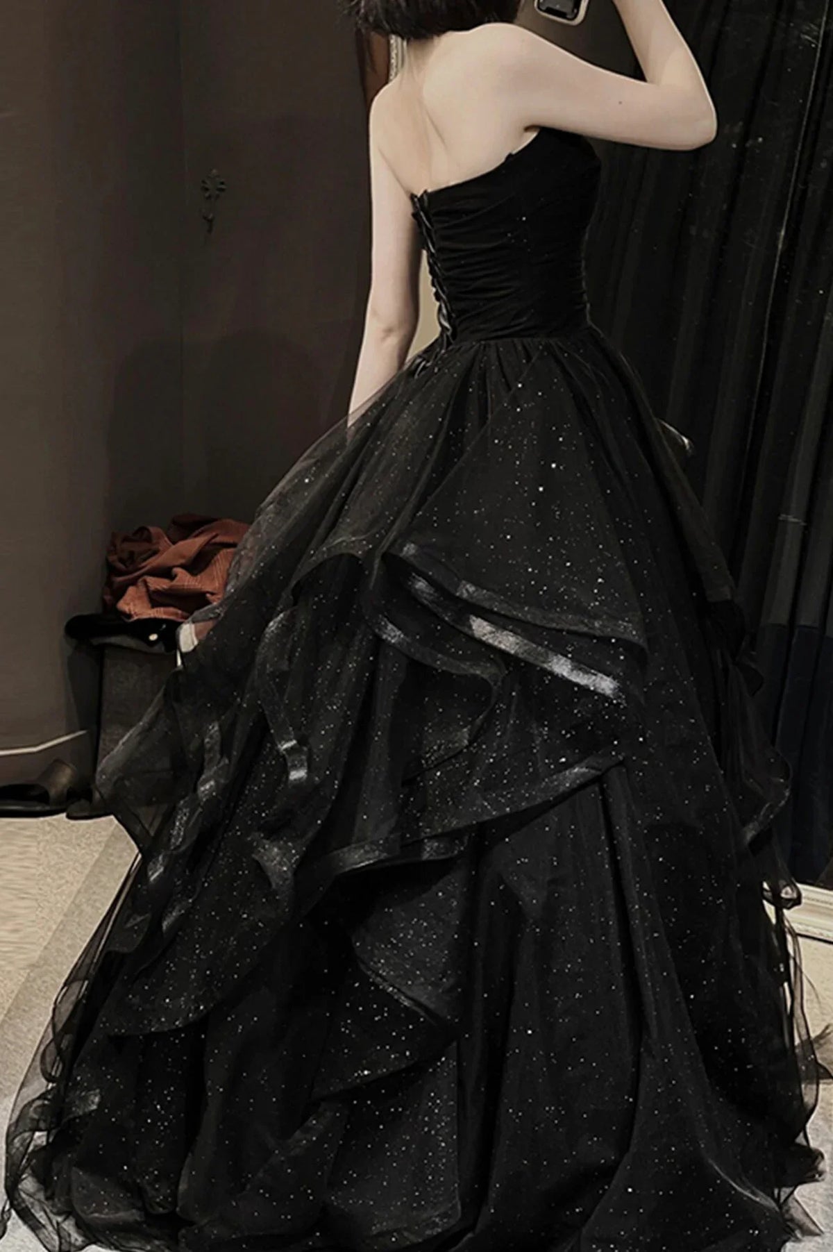 Off-the-Shoulder Black Tulle Multi Layer Long A-Line Prom Dress