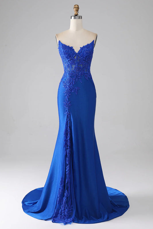 Mermaid Strapless Long Beaded Prom Dress With Appliques