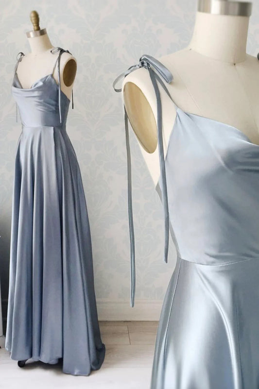 A-Line Spaghetti Straps Simple Satin Long Prom Dresses