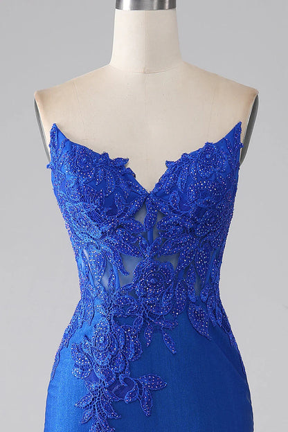 Mermaid Strapless Long Beaded Prom Dress With Appliques