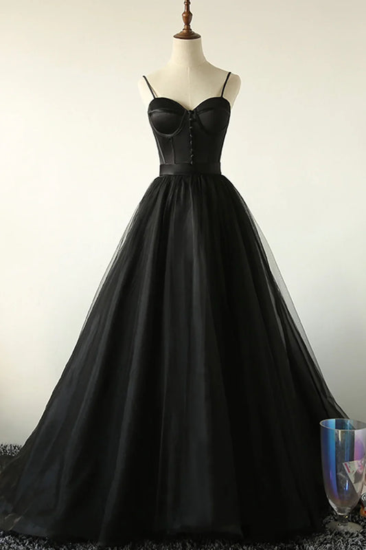 Black A-Line Spaghetti Strap Long Prom Dresses