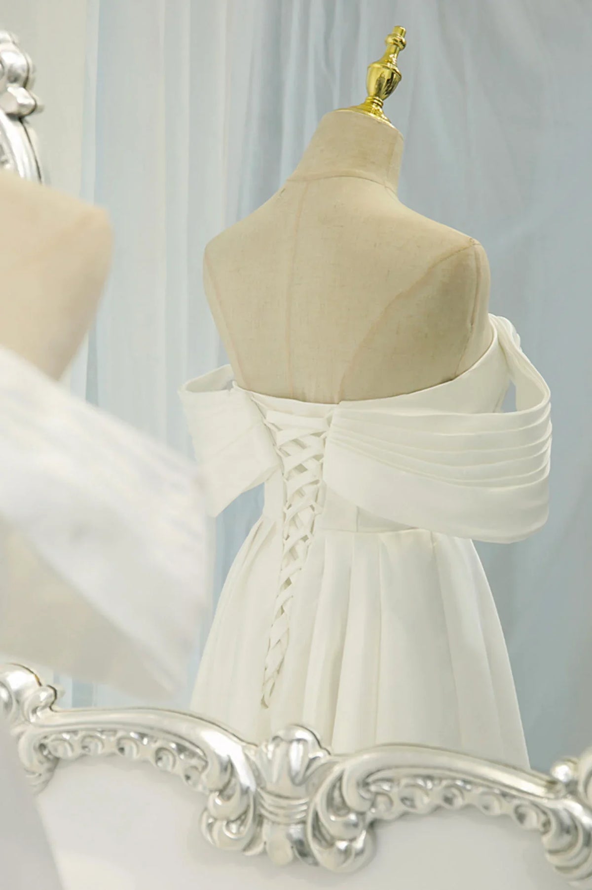 Off the Shoulder White Satin Long Prom Dress
