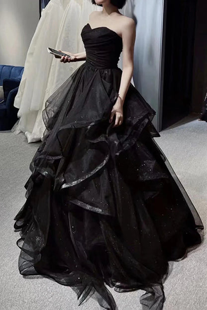 Off-the-Shoulder Black Tulle Multi Layer Long A-Line Prom Dress
