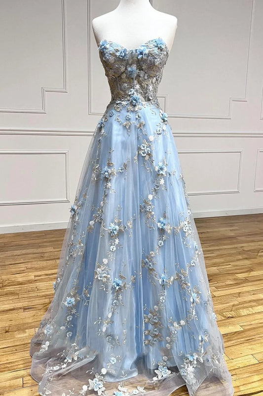 A-Line Strapless Blue Tulle Appliques Long Prom Dresses