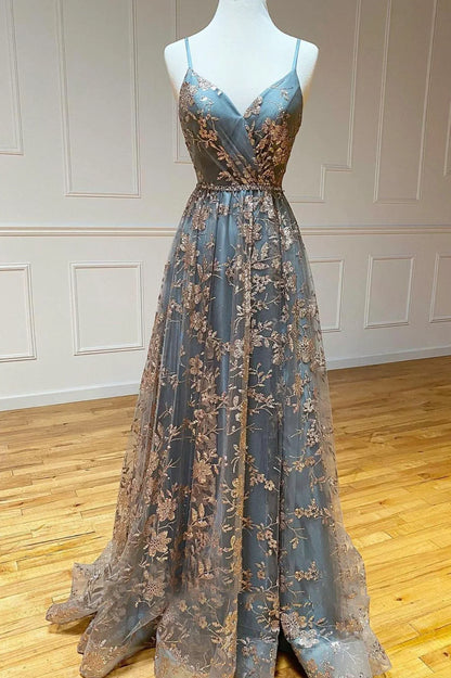 A-Line Spaghetti Straps Grey Tulle Sequins Long Prom Dresses