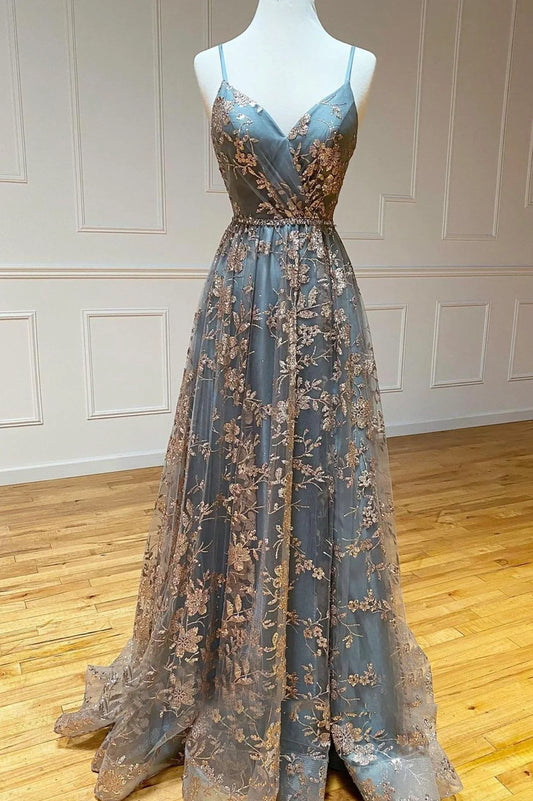 A-Line Spaghetti Straps Grey Tulle Sequins Long Prom Dresses