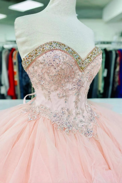 Pink Lace Beaded Long A-Line Ball Gown With Prom Dresses