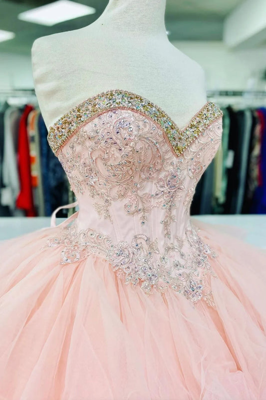 Pink Lace Beaded Long A-Line Ball Gown With Prom Dresses