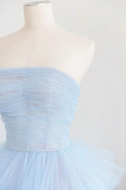 A-Line Strapless Blue Layers Tulle Long Prom Dresses
