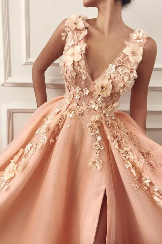A-Line Tulle Applique Long Prom Dresses With Slit