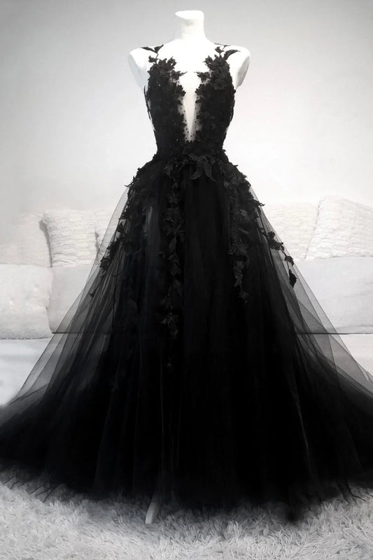 A-Line Lace Black Tulle Long Prom Dresses