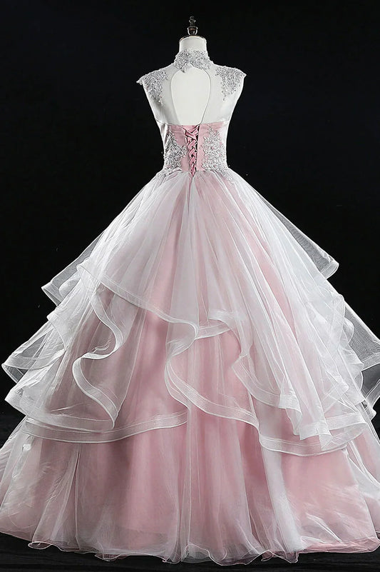 Pink Tulle Lace Sweet Prom Dresses With Applique Bead string
