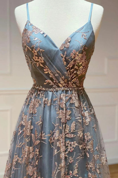 A-Line Spaghetti Straps Grey Tulle Sequins Long Prom Dresses