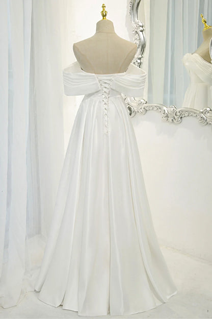 Off the Shoulder White Satin Long Prom Dress
