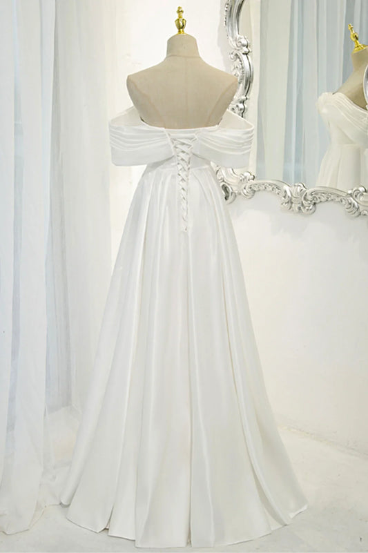 Off the Shoulder White Satin Long Prom Dress