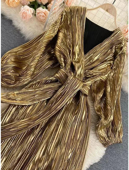 Women's Party Dress Cocktail Dress Sheath Dress Midi Dress Silver Gold Long Sleeve Line With Belt Fall Winter Autumn V Neck Fashion Evening Party Vacation