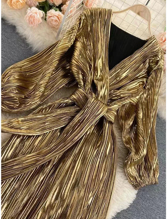 Women's Party Dress Cocktail Dress Sheath Dress Midi Dress Silver Gold Long Sleeve Line With Belt Fall Winter Autumn V Neck Fashion Evening Party Vacation