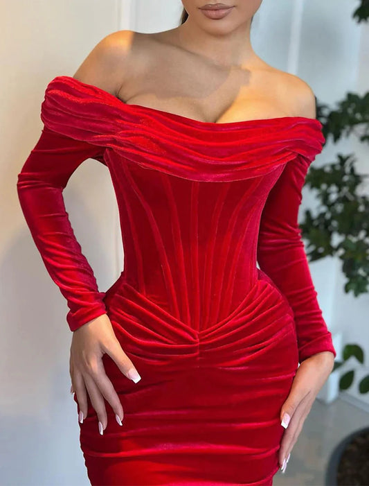 Mermaid / Trumpet Evening Gown Corsets Dress Formal Red Green Dress Sweep / Brush Train Long Sleeve Off Shoulder Velvet with Ruched