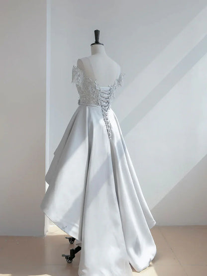 Gray Scoop Neckline High Low Lace Prom Dresses