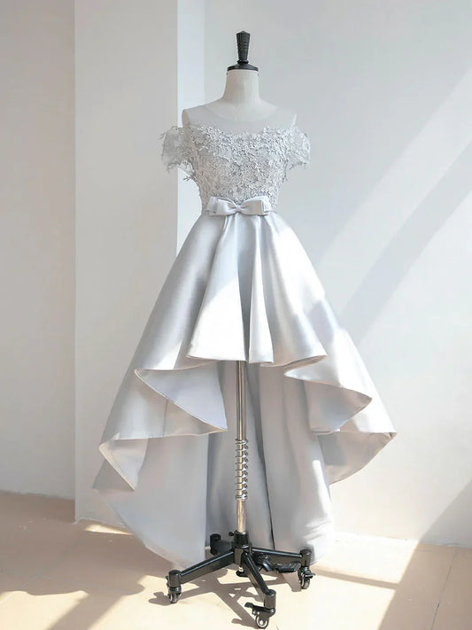 Gray Scoop Neckline High Low Lace Prom Dresses
