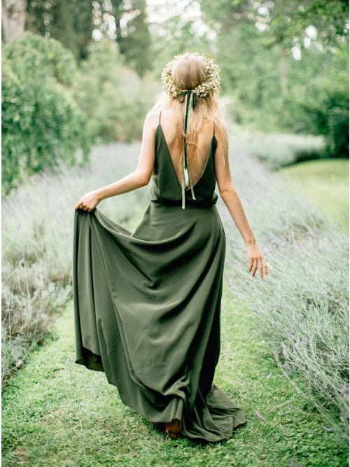 Wedding Dress For Guest/A-Line Spaghetti Straps Backless Sweep Train Dark Green Chiffon Bridesmaid Dress/Formal Wear Dresses