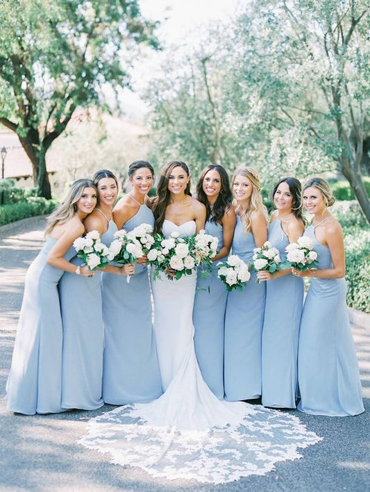 Wedding Dress For Guest/Charming A-Line Halter Sky Blue Chiffon Long Bridesmaid Dresses/Formal Wear Dresses