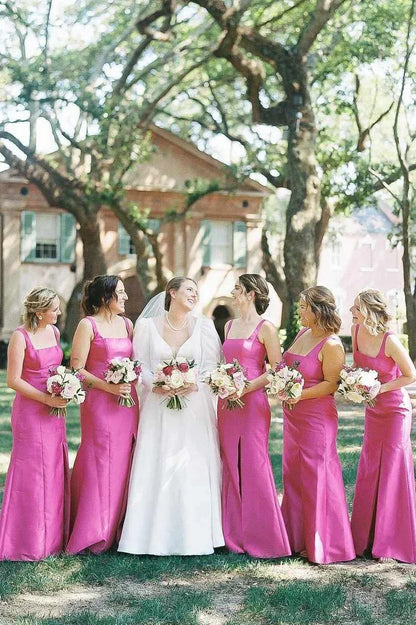 Wedding Dress For Guest/Elegant Sheath Square Neck Fuchsia Satin Bridesmaid Dresses with Bow/Formal Wear Dresses