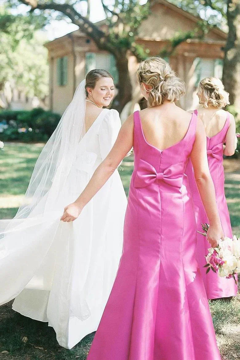 Wedding Dress For Guest/Elegant Sheath Square Neck Fuchsia Satin Bridesmaid Dresses with Bow/Formal Wear Dresses