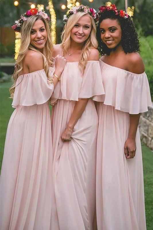 Wedding Dress For Guest/Off-the-shoulder Pastel Pink Ruffles Long Chiffon Bridesmaid Gowns Floor-length Prom Dresses/Formal Wear Dresses