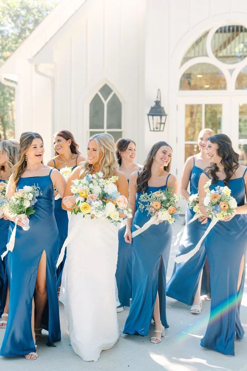 Wedding Dress For Guest/Simple Mermaid Spaghetti Straps Blue Long Bridesmaid Dresses with Bow Back/Formal Wear Dresses