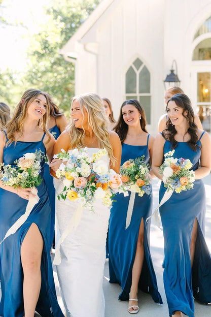 Wedding Dress For Guest/Simple Mermaid Spaghetti Straps Blue Long Bridesmaid Dresses with Bow Back/Formal Wear Dresses