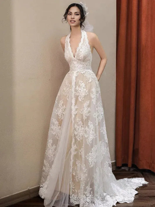 Formal Women's Dresses V Neck A Line Lace Wedding Dress Formal Prom Dress No Veil Prom Dresses Stores