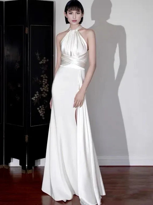 Formal Women's Dresses Halter A Line White Satin Wedding Dress Long Evening Prom Dress Prom Dress Store