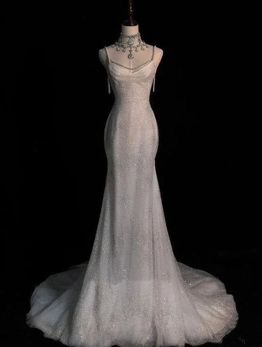Dress Formal Stunning White Backless Mermaid Shiny Prom Gown Wedding Dress Party Dress Formal Wear Dresses/Jewelry not included