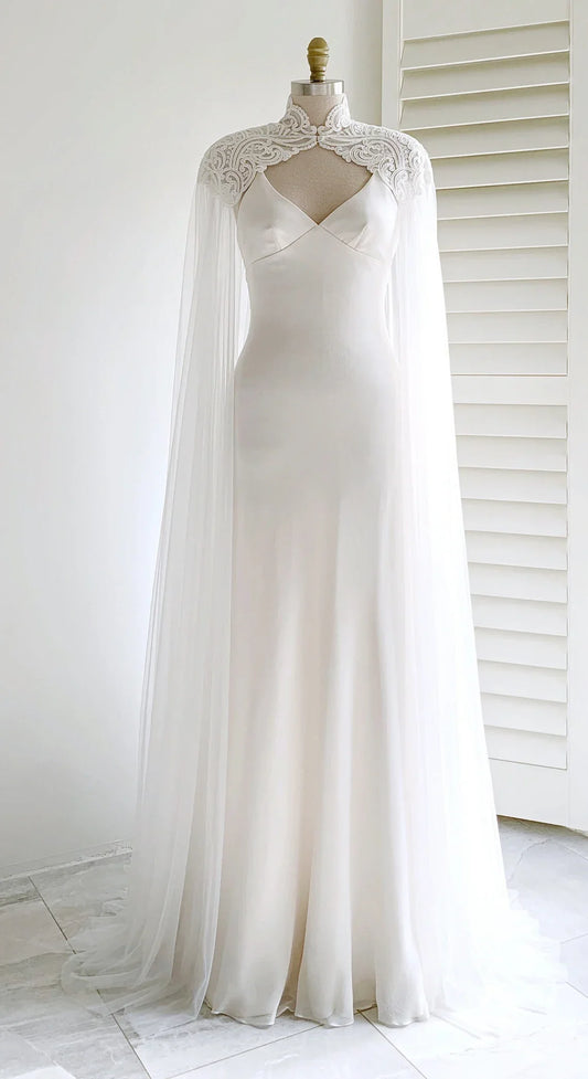 Dress Prom Dress Stores White Bridal Long Tulle Cape Sleeves with Embroidered Lace Appliques Long Wedding Dress Party Dress Formal Wear Dresses