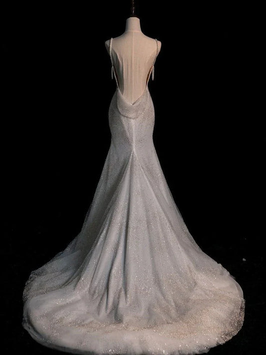 Dress Formal Stunning White Backless Mermaid Shiny Prom Gown Wedding Dress Party Dress Formal Wear Dresses/Jewelry not included