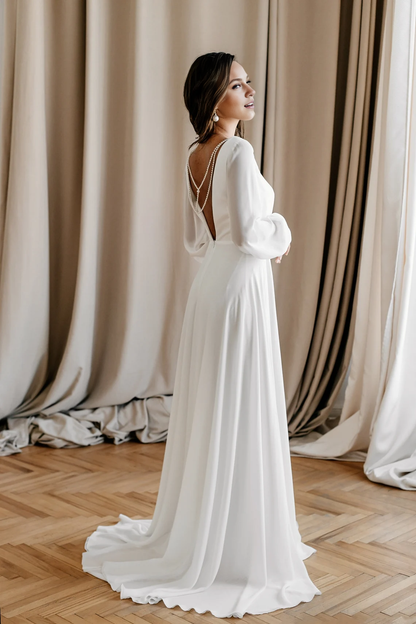 Wedding Dress Puff Long Sleeve Beach Wedding Dress Reception Backless Wedding Dress A-line Bride Dress