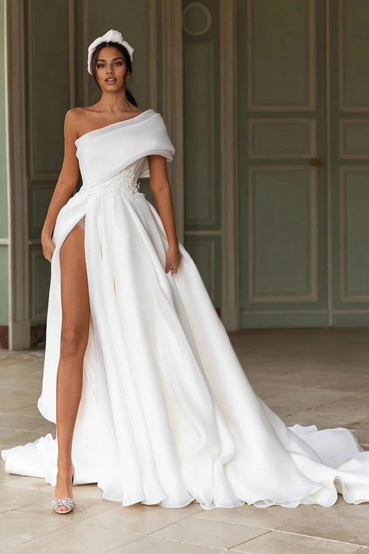 Prom Dress In Store Divine A-line Off-the-Shoulder Wedding Dress With Hight Slit Dress For Wedding