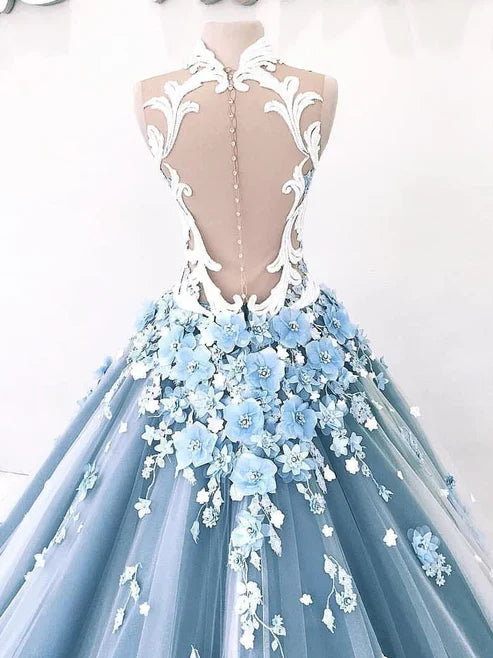 A-line Vintage Backless Wedding Dress Tulle High Neck