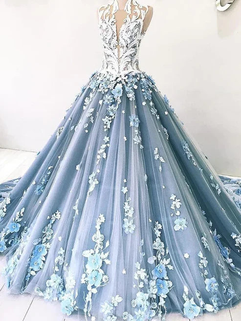 A-line Vintage Backless Wedding Dress Tulle High Neck