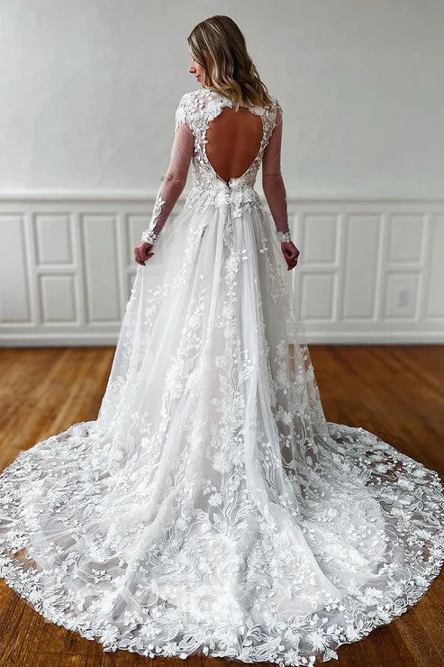 Deep V Neck Long Sleeves Lace Wedding Dresses With Train